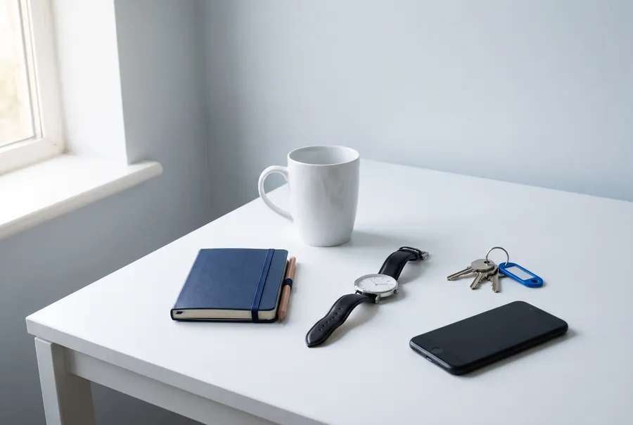 A tidy white kitchen table in early evening light: a white mug, a closed notebook with a pencil, a plain wristwatch, house keys and a phone lying face down